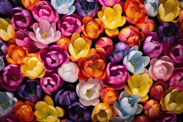 Luchtbeeld van kleurrijke tulpenvelden in de voorjaarsgeneratieve AI