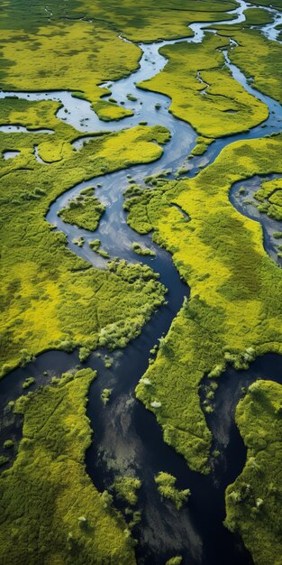 Foto luchtbeeld van milieuvriendelijk moeras en rivier kunstwerk voor milieubewustzijn