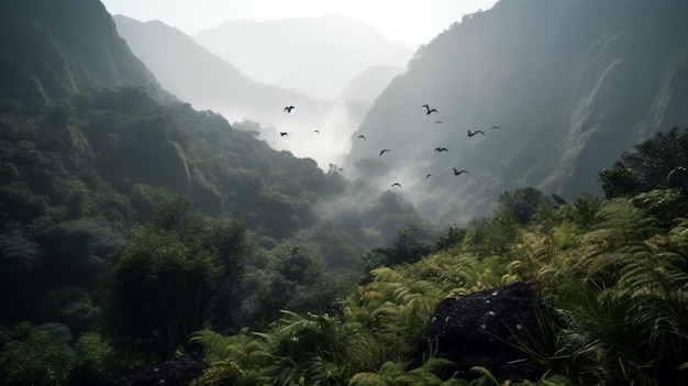 Luchtbeeld van mistwolken en mist die na een storm over een weelderig tropisch regenwoud hangen
