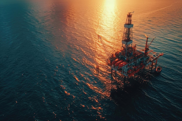 Foto luchtbeeld van offshore boorplatform jack-up rig op de offshore locatie tijdens zonsondergang