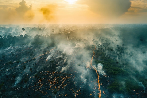 Luchtbeeld van ontbossing door illegale branden