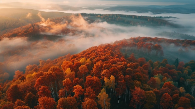 Luchtbeeld van prachtige sinaasappelbomen op de heuvel en bergen in lage wolken bij zonsopgang in de herfst in Oekraïne