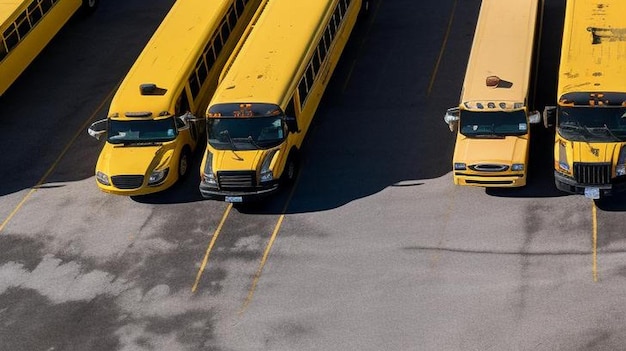 Foto luchtbeeld van schoolbussen geparkeerd in een parkeerplaats