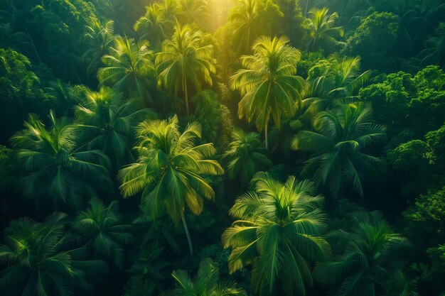 Luchtbeeld van tropisch groen palmbos in het zonlicht