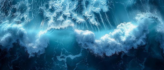 Luchtbeeld van turquoise oceaanwater met spetteringen en schuim voor een abstracte natuurlijke achtergrond