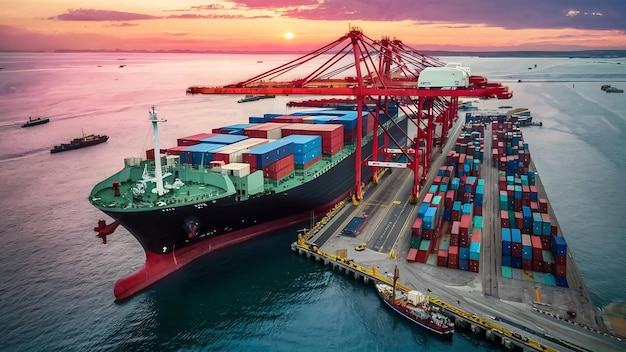 Luchtbeeld van vrachtschip en vrachtcontainer in de haven