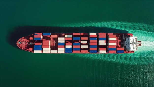 Luchtbeeld van vrachtschip en vrachtcontainer in de haven
