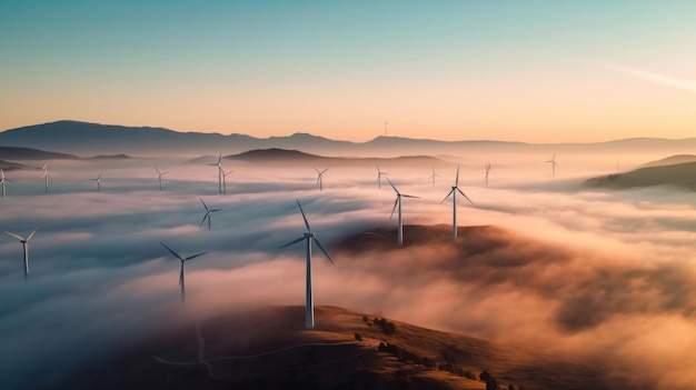 Luchtbeeld van zonne-energie en windturbines in mist