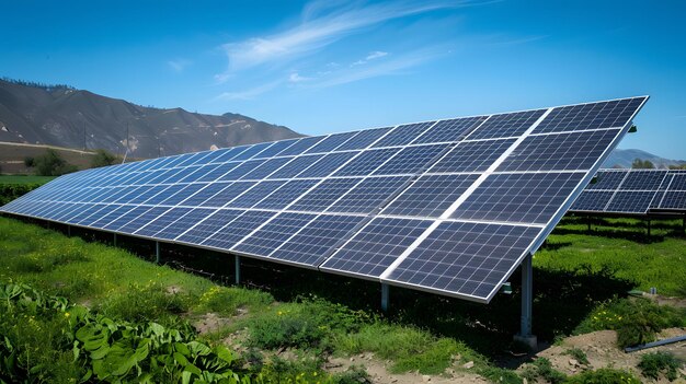 Luchtbeeld van zonnepanelen op een zonnig dagkrachtpark dat schone energie produceert