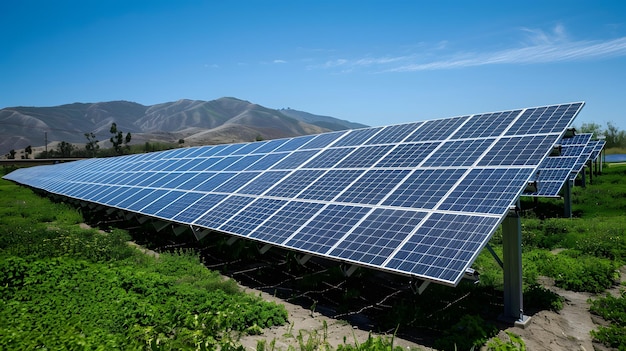 Luchtbeeld van zonnepanelen op een zonnig dagkrachtpark dat schone energie produceert