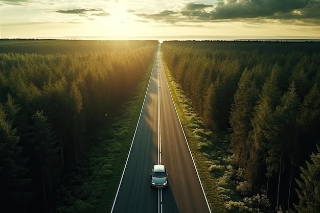 Luchtbeeld weg door het bos met auto