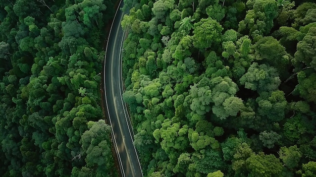 Luchtbeeld weg in het midden van het bos Bovenbeeld weg door het groene bos avontuur Ecosysteem ecologie gezonde omgeving road trip reis