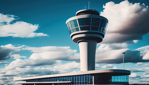 Luchtcontroletoren op de luchthaven met blauwe lucht en wolken op de achtergrond