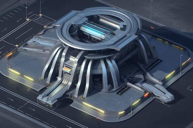 Luchtfoto 3D illustratie van futuristisch scifi-gebouw met ruimteschip aangemeerd op landingsbaan digitale fantasie schilderij Generatieve AI