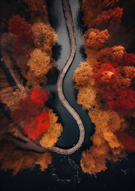Luchtfoto boven drone-uitzicht van lucht tot herfst kleurrijk bos en rivier Generatieve Ai
