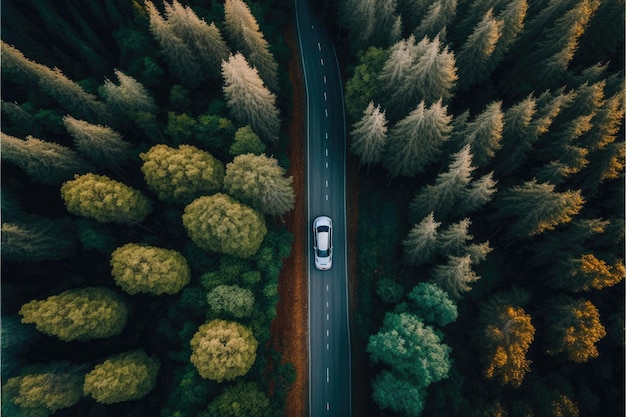 Luchtfoto bovenaanzicht auto rijden door het bos Gemaakt door AI Kunstmatige intelligentie