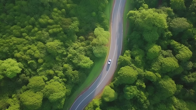 Foto luchtfoto bovenaanzicht bosboom met auto-ecosysteem milieuconcept plattelandsweg die door het groene bos en de bergen loopt