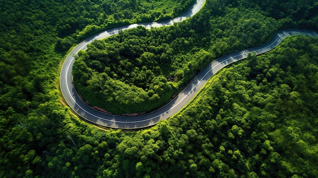 Luchtfoto bovenaanzicht mooie bocht weg op groen bos in het regenseizoen