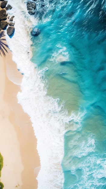Luchtfoto bovenaanzicht op zand oceaan strand met palm zomervakantie paradijs concept verticaal