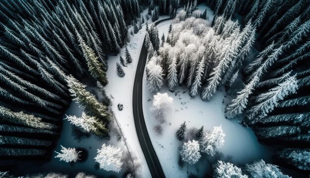 Luchtfoto bovenaanzicht van asfaltweg door winterseizoen bos witte sneeuwbedekking boom Generatieve AI