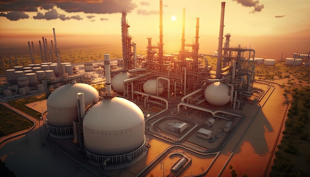 Luchtfoto bovenaanzicht van fabrieksstation olie-brandstofopslagtank aardolieraffinaderij met generatieve AI