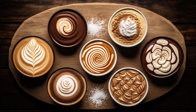 Luchtfoto bovenaanzicht verschillende koffie latte art cappuccino koffie in kopje op houten tafel Generatieve AI