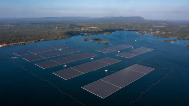 Luchtfoto drijvende zonnecelcentrale met zonnecel genereert de elektriciteit op het meer