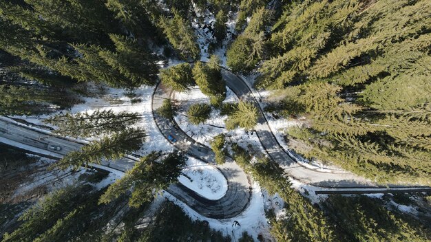 Luchtfoto drone uitzicht op de lente Karpaten Roemenië Valley met weg- en rijdende auto's en bos