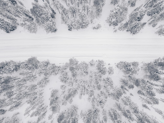 Luchtfoto drone uitzicht op winterbos en weg bedekt met sneeuw Birds eye view