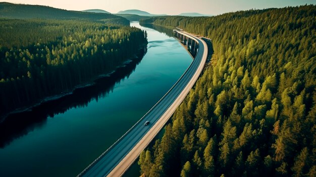 Luchtfoto in Finland in de zomer van een weg met auto's tussen een groen bos en een turkoois meer Generatieve AI