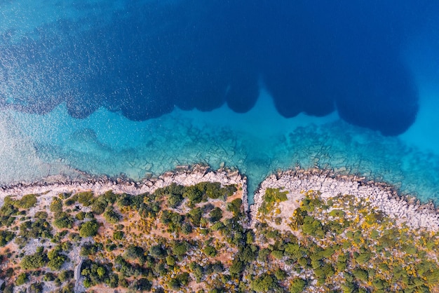 luchtfoto legt een prachtig strand vast met een eenzame kampeertent die de harmonie van natuur en buitenavontuur laat zien