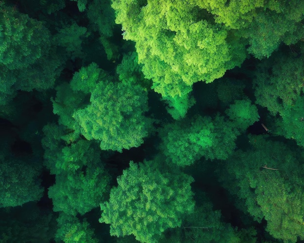 Luchtfoto naar beneden op levendige groene bosluifel met lommerrijk gebladerte