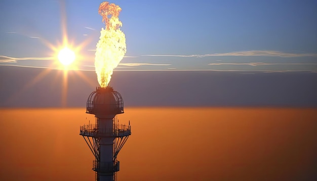 Luchtfoto naar gasfakkelstapel van aardolieraffinaderijen zonsondergang achtergrond fakkelkuiltoren