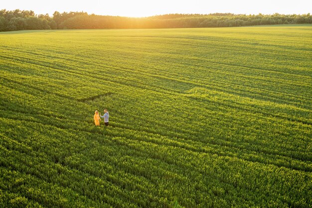 Luchtfoto op groen tarweveld met paar dat op pad loopt