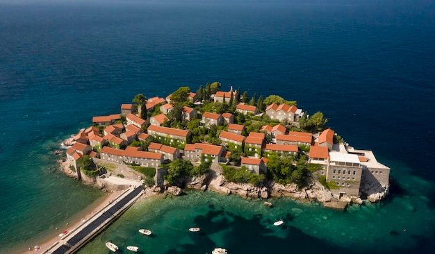 Luchtfoto op het eilandje Sveti Stefan in Montenegro