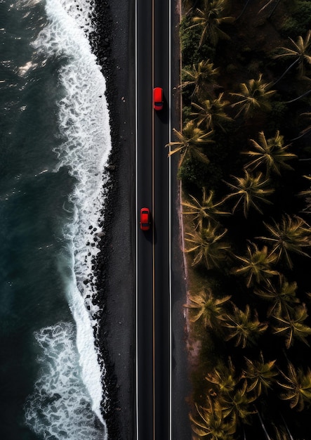 Luchtfoto op weg met rode auto zee en palmen Zomer reizen concept Wallpaper