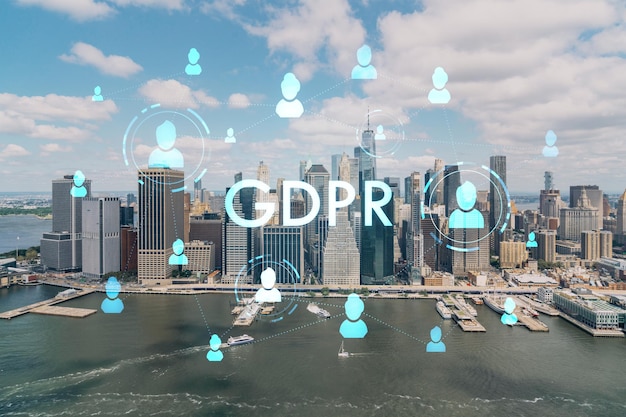 Luchtfoto panoramisch helikopter uitzicht op de stad op Lower Manhattan district en financiële Downtown New York USA GDPR hologram concept van gegevensbescherming regelgeving en privacy voor alle individuen