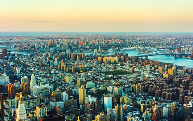 Luchtfoto panoramisch uitzicht op East Village in Downtown, New York city, NYC, Usa, Williamsburg Bridge, Brooklyn. Oostelijke rivier. De horizon van Manhattan. Amerikaanse architectuur gebouw. Panorama van Metropolis