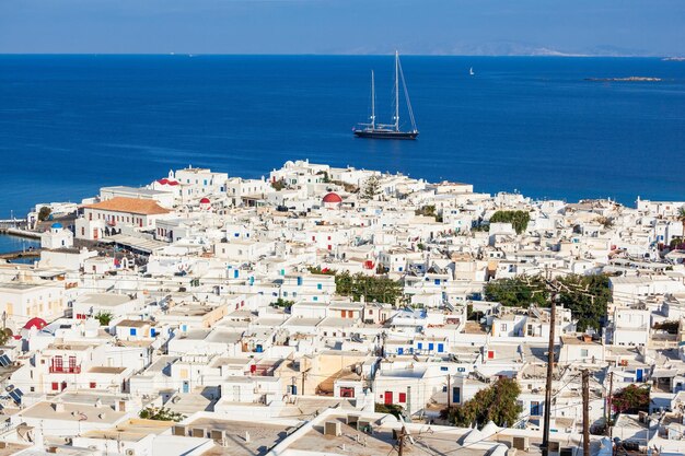 Luchtfoto panoramisch uitzicht op het eiland Mykonos. Mykonos is een eiland, onderdeel van de Cycladen in Griekenland.