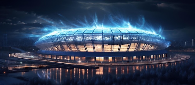 Luchtfoto's nachts van het iconische verlichte voetbalstadion