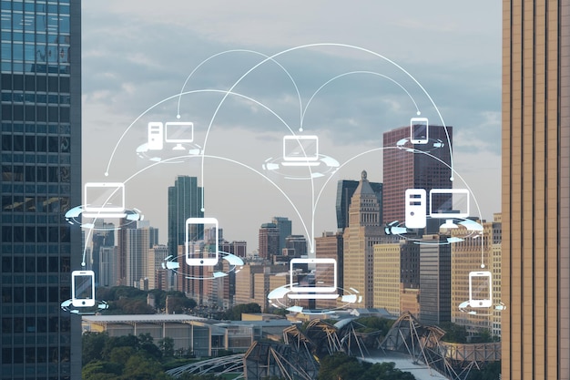 Luchtfoto stad panorama Chicago downtown en Millennium Park dagtijd Illinois USA Birds eye view wolkenkrabbers Social media hologram Concept van netwerken en tot stand brengen van nieuwe mensen verbindingen