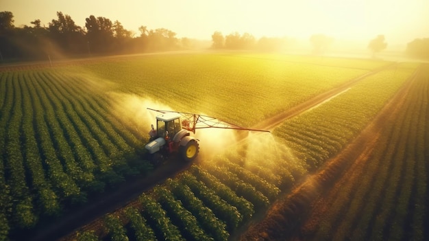 Luchtfoto tractor die de chemicaliën sproeit op het grote groene veld AI generatief