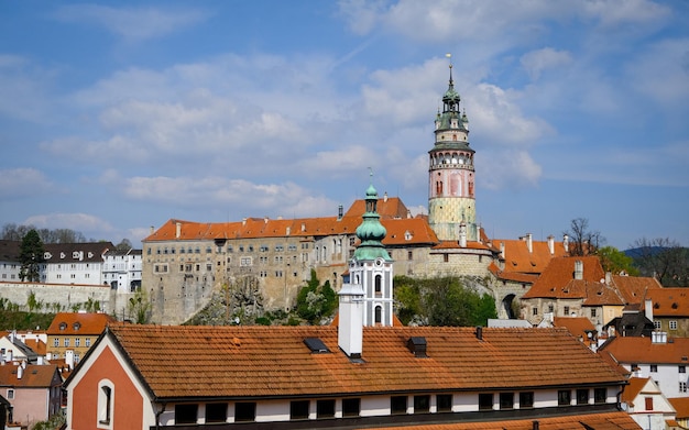 Luchtfoto uitzicht over de oude binnenstad van Cesky Krumlov Tsjechië