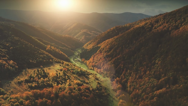 Luchtfoto uitzicht over dramatische herfst canyon berglandschap groene weiden oranje heuvels pijnboom