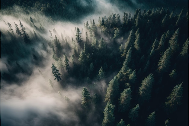 Luchtfoto uitzicht over een bergbos met mist en nevel Boslandschap Generatieve Ai