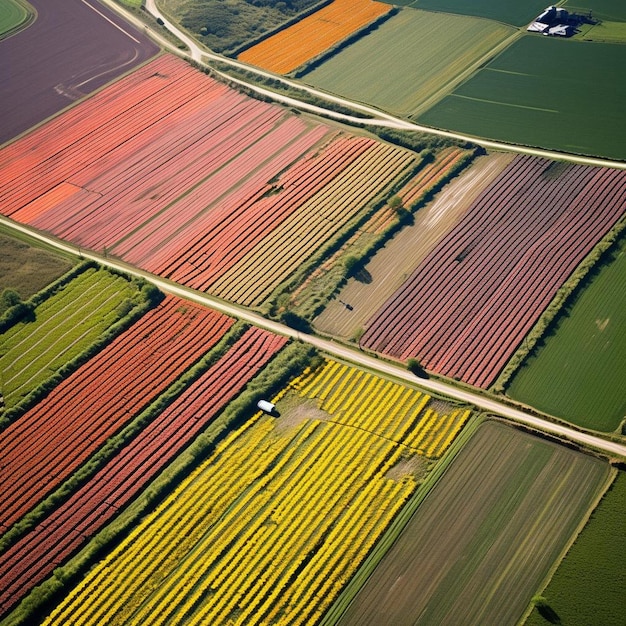 luchtfoto van aardappelvelden in bloei