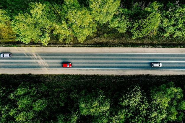 Luchtfoto van auto's rijden door het groene bos op landweg