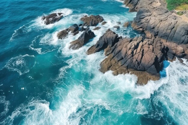 Luchtfoto van azuurblauwe oceaangolven breken op de rotsen