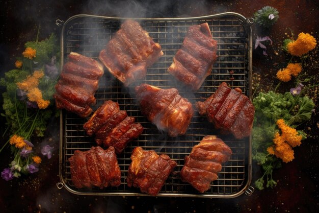 Luchtfoto van BBQ-ribben op een rokende grill gemaakt met generatieve AI