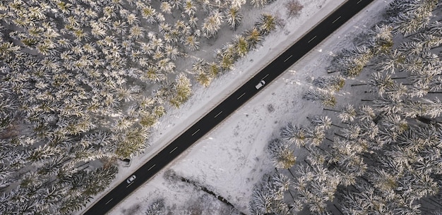 Luchtfoto van besneeuwd bos met een weg en auto. Van bovenaf vastgelegd met een drone